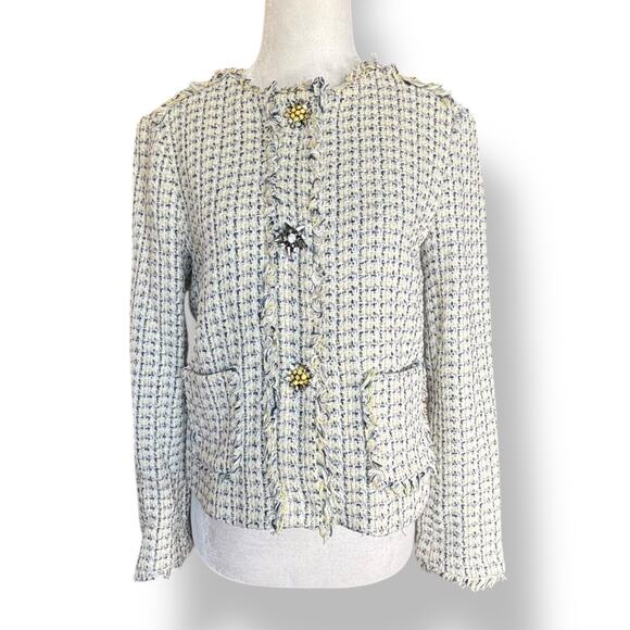 Zara Basic Cream Tweed Boucle Blazer Lady Jacket Flower Jewel Brooch Buttons XS - Picture 2 of 13